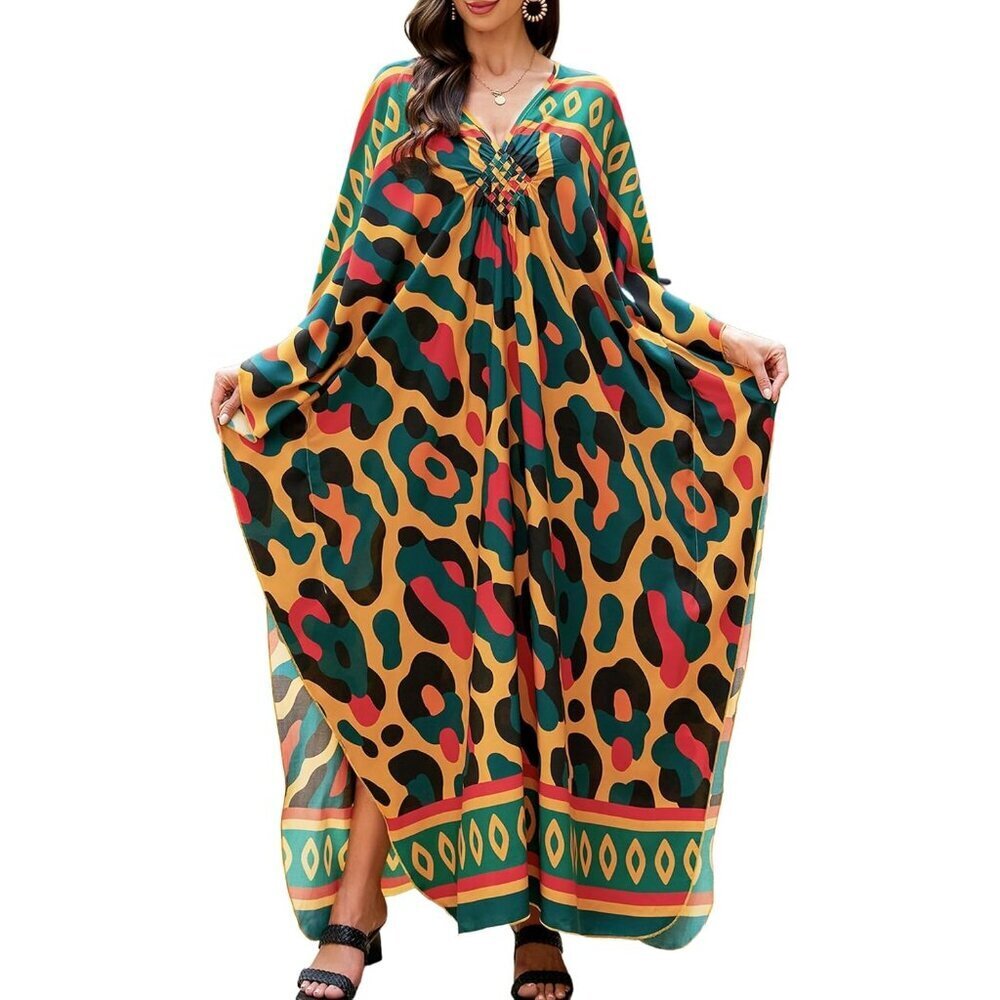 Women Orange & Green V-neck Batwing Sleeve Flowy Split Hem Bohemian Kaftan Dress
